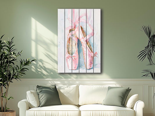 Pink Ballet Shoes Wall Art - Wooden Wall Decor | Pastel Dance Print on Wood