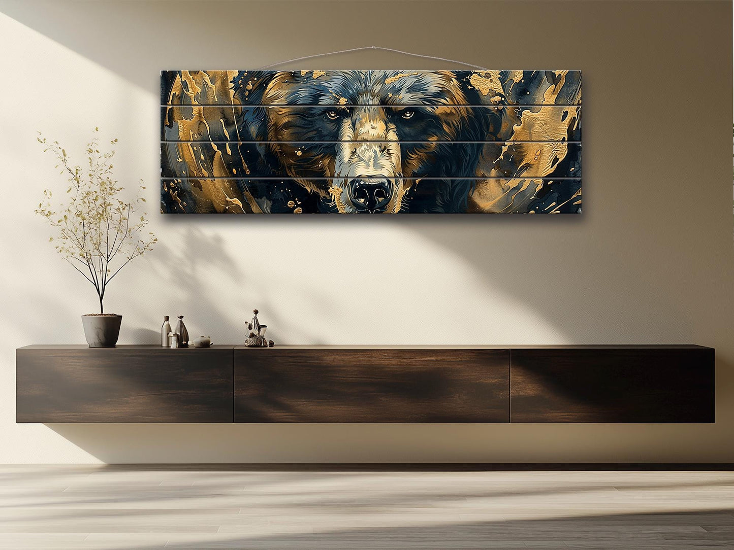 Black Gold Wood Art – Natural Wood Print with Abstract Black and Gold Bears