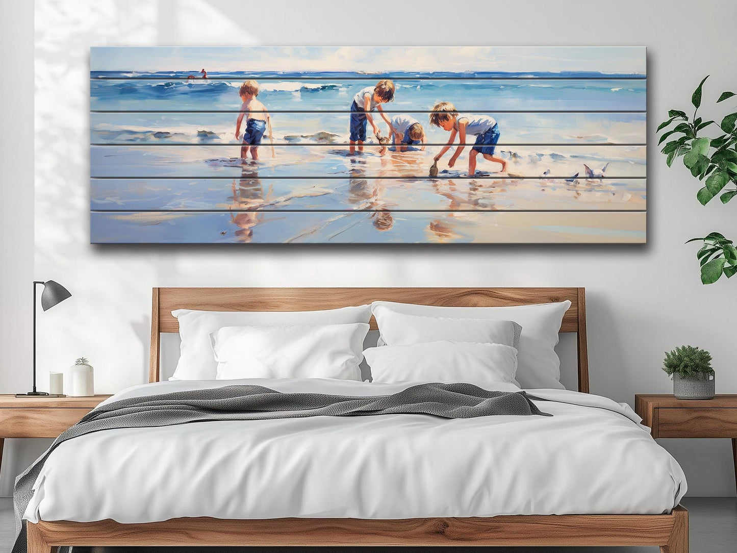 Wood Wall Art – Large Beach Wall Decor with Kids Playing on the Beach Print