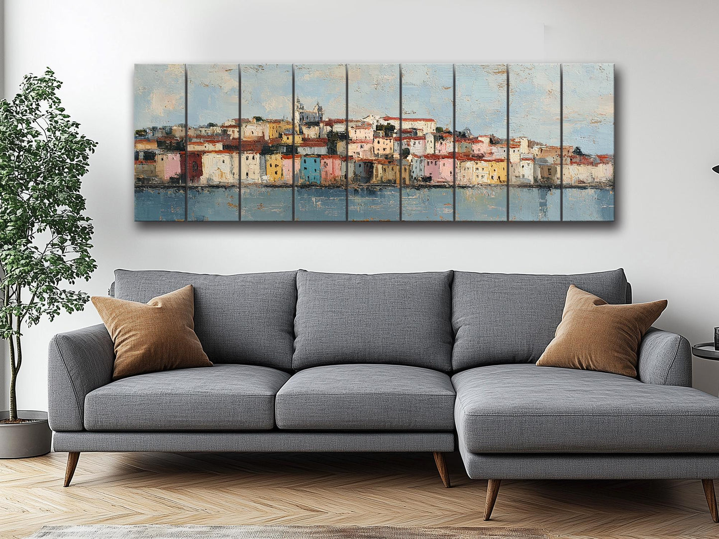 Lisbon Wood Print – Rustic Wall Art with Pastel Houses & Beige Sunlight on Distressed Wood