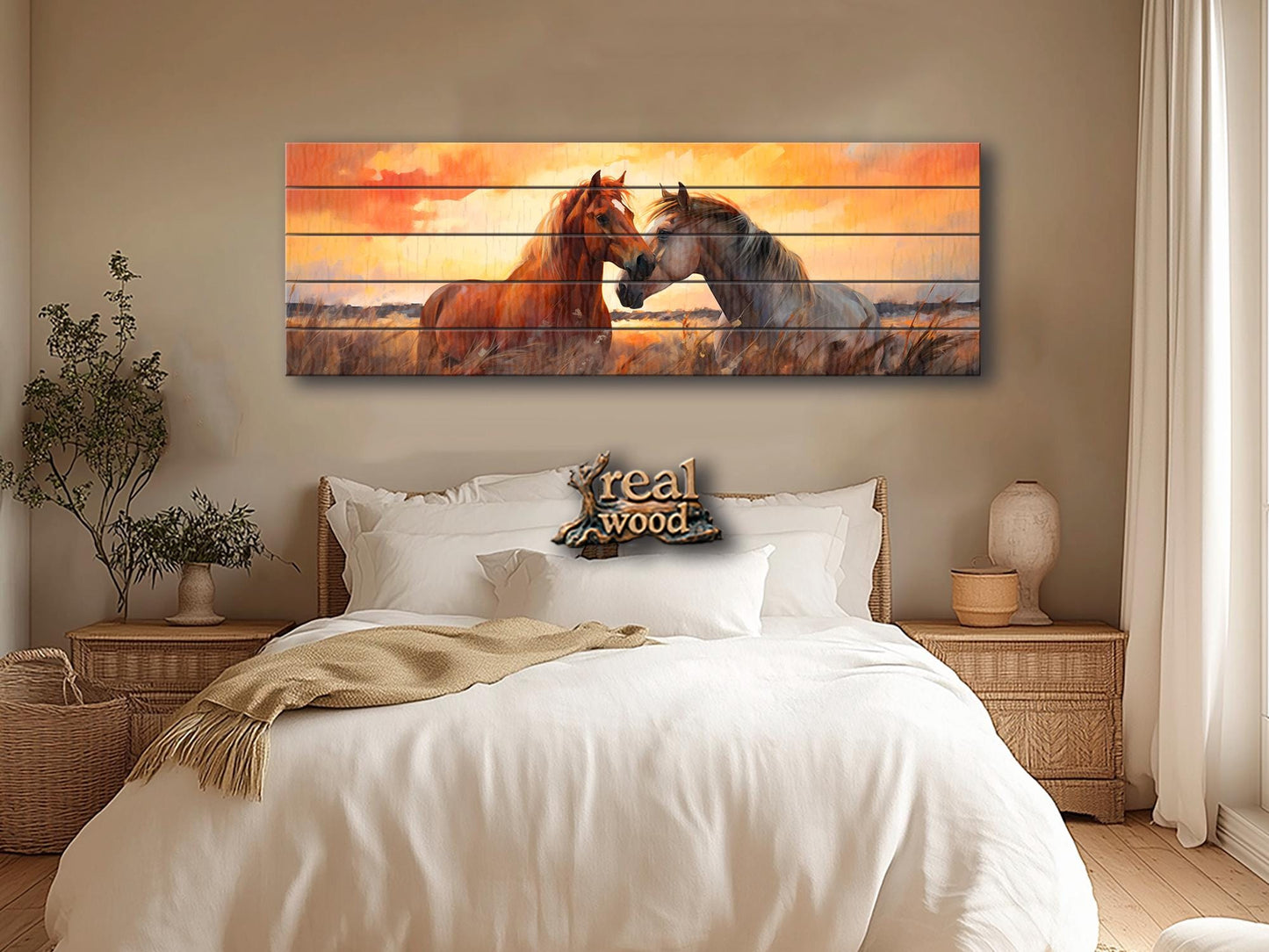 Wood Wall Art – Romantic Horse Couple Painting | Large Wooden Poster Decor
