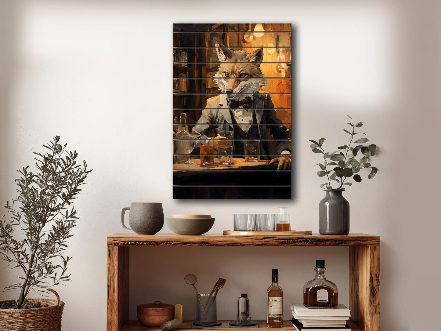 Fox Bartender Print on Natural Wood – Bar Wall Art