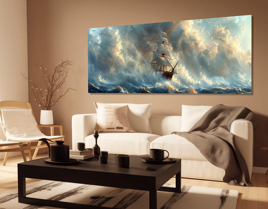 Vintage Sailing Boat Painting – Stormy Sea Art | Framed Canvas Print, Nautical Wall Decor