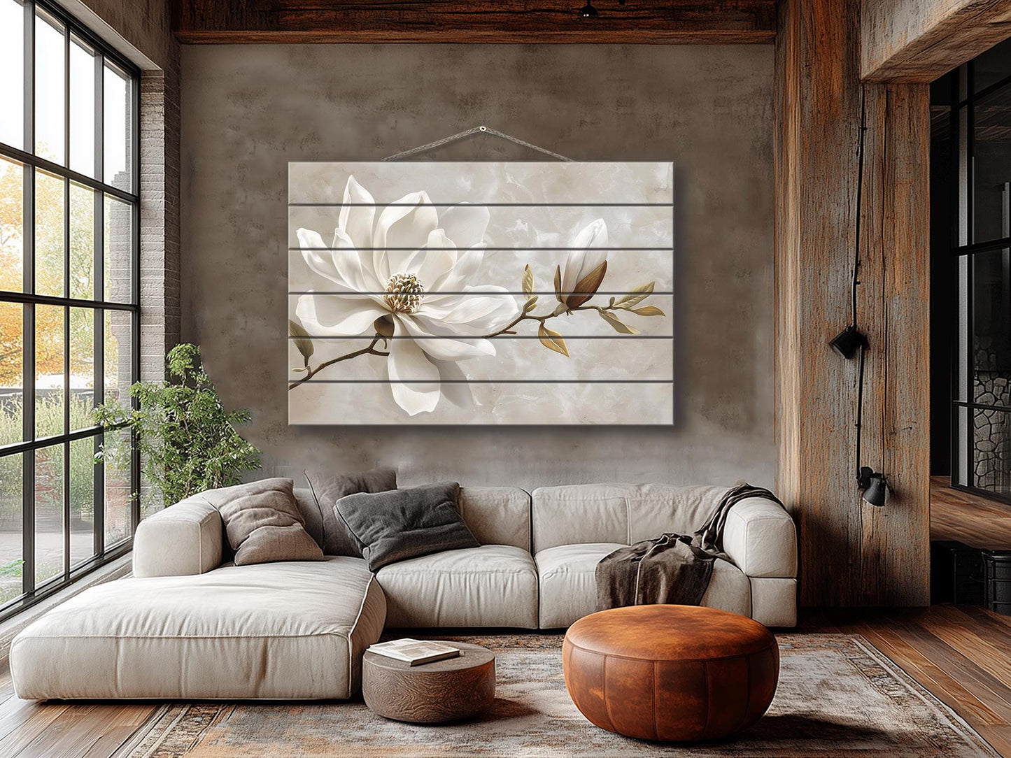 Wood Wall Art – Magnolia Flower Print | Natural Wood Decor, Modern Floral Painting