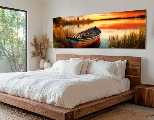 Wooden Boat Canvas Print – Scenic Sunset Lake Painting | Framed & Ready to Hang
