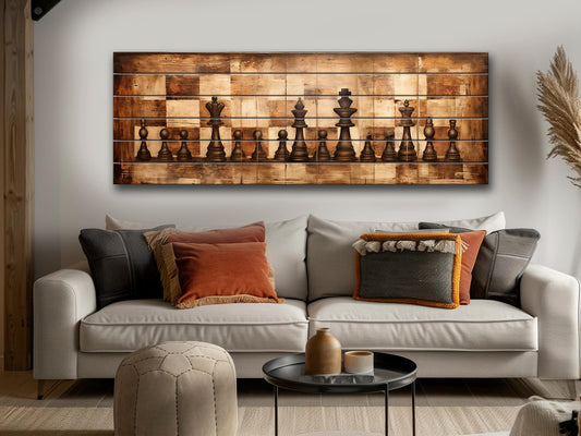 Rustic Chess Wall Art - Natural Wood Print | Vintage Strategy Game Decor