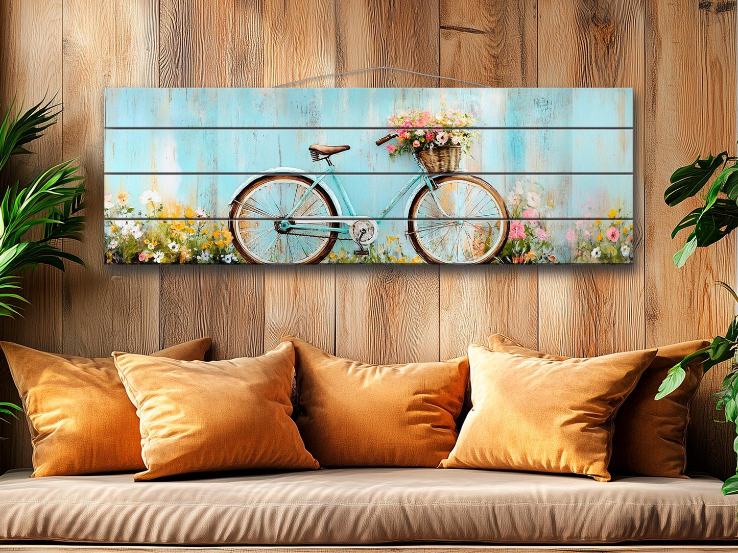 Vintage Bicycle Wall Art – Rustic Floral Print on Natural Wood Plank Art