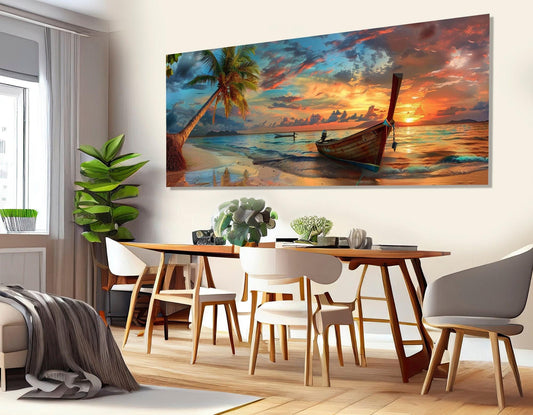 Tropical Sunset Canvas Art - Beach Canvas Print with Palm Tree & Old Boat - Ready to Hang