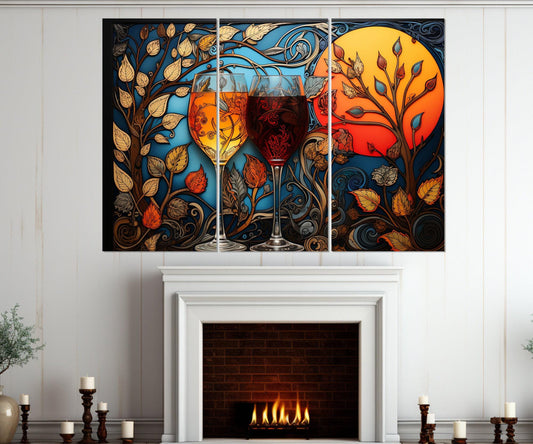 Glasses with White and Red Wine Painting Canvas Print, Madhubani Style Wine Wall Art, Wine Shop Decor, Framed and Ready to Hang