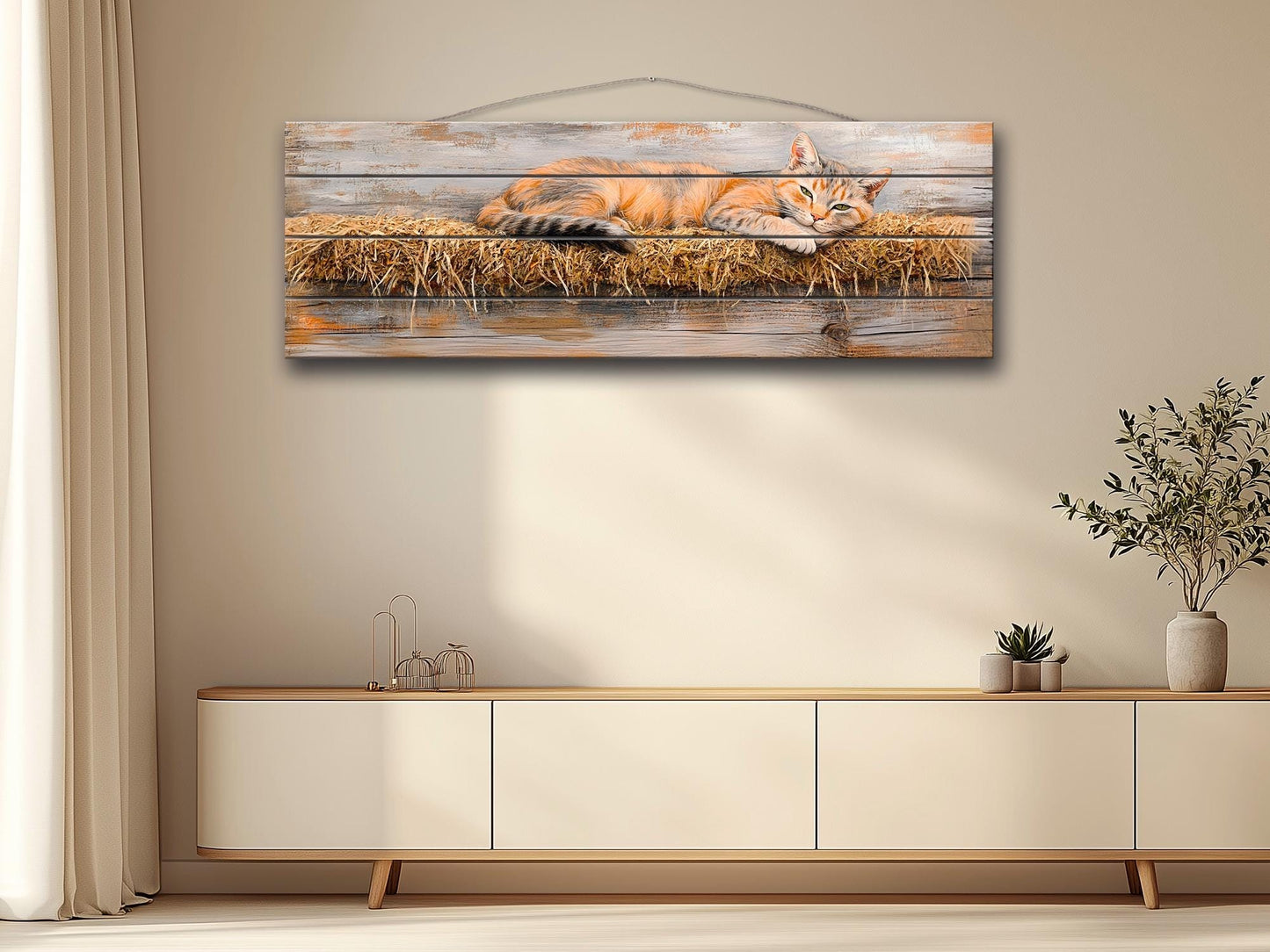 Farm Cat Lounging on a Hay Bale Painting Printed on Natural Wood, Cats Wall Art, Red Cat Print, Rustic Cabin Wall Decor, Wood Wall Art