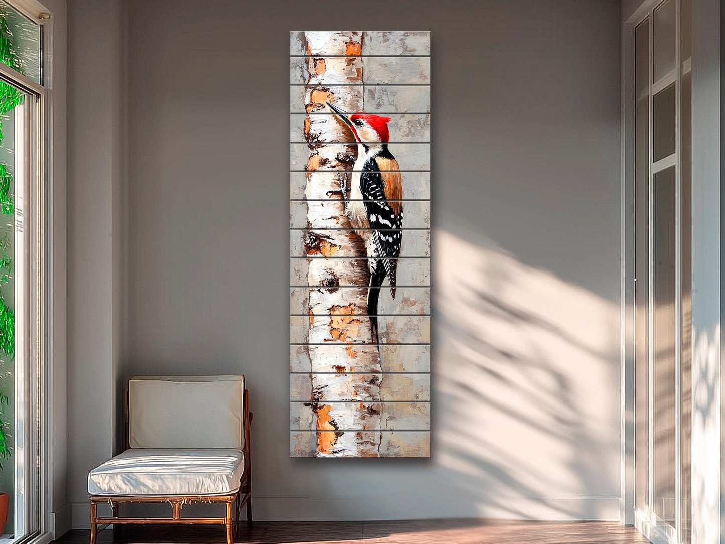 Wood Wall Art – Rustic Woodpecker Wall Hanging on Birch – Cozy Cabin Decor