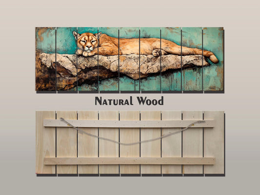 Rustic Wood Wall Art - Mountain Lion on a Rocky Ledge Print on Natural Wood, Lions Wall Art, Mountain Lion Painting, Forest Animals Prints