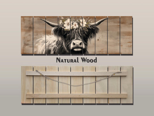 Highland Cow Wall Art – Rustic Wood Art Print | Farmhouse Wall Decor Floral Cow Print