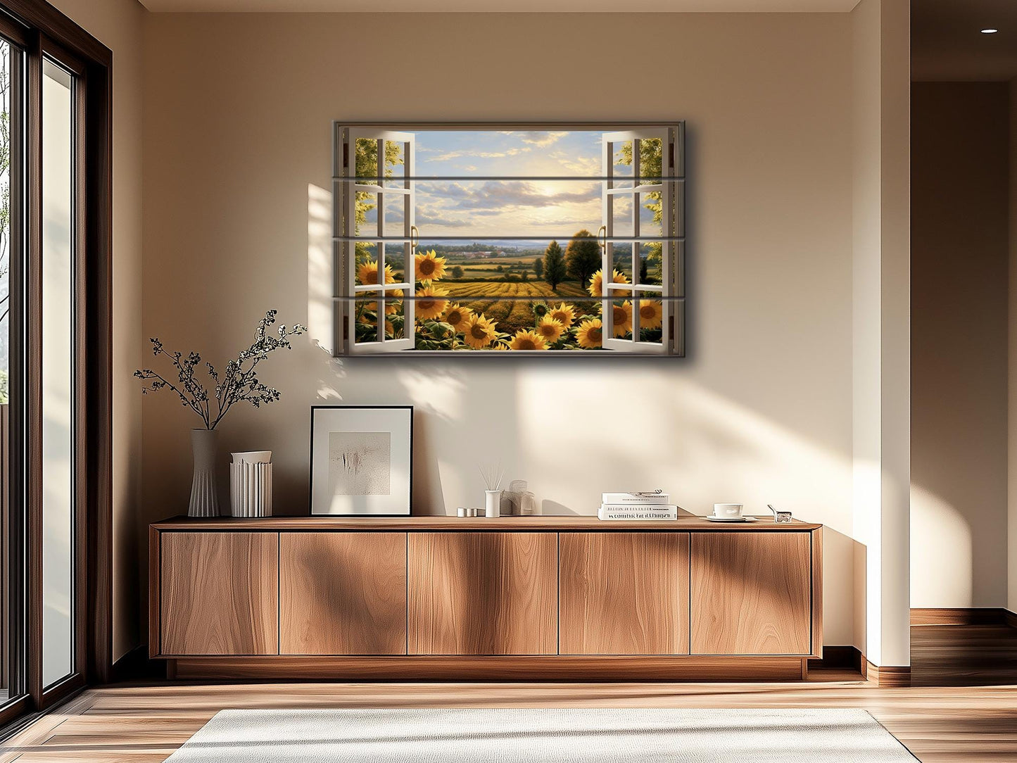 Rustic Wood Wall Art – Sunflowers Wall Art with Open Window Field View Print