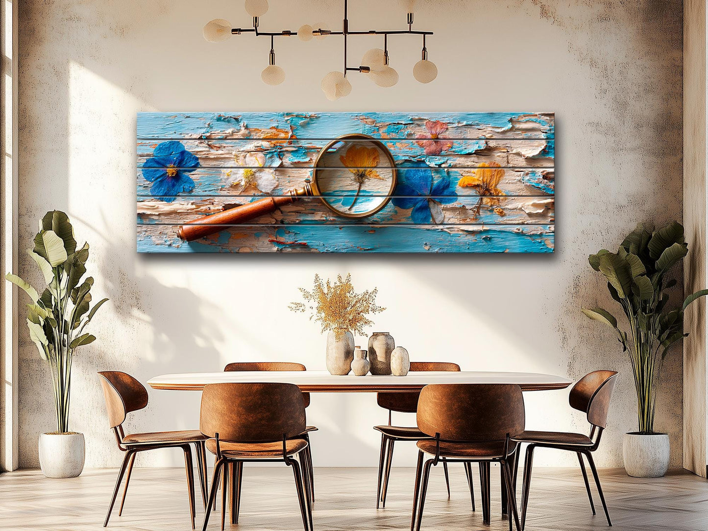 Pressed Flowers Wood Print – Rustic Nature Art on Blue Peeling Paint Wood Planks