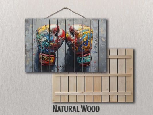 Abstract Boxing Gloves Print On Natural Wood - Sports Wall Art