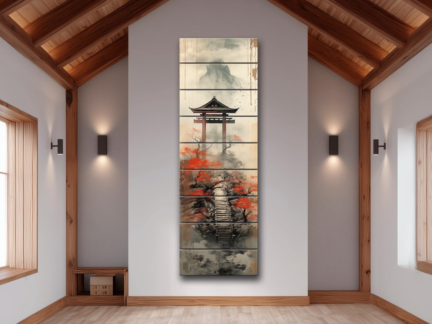 Japanese Torii Gate Wall Art – Misty Mountain Zen Landscape Decor on Wood Panel