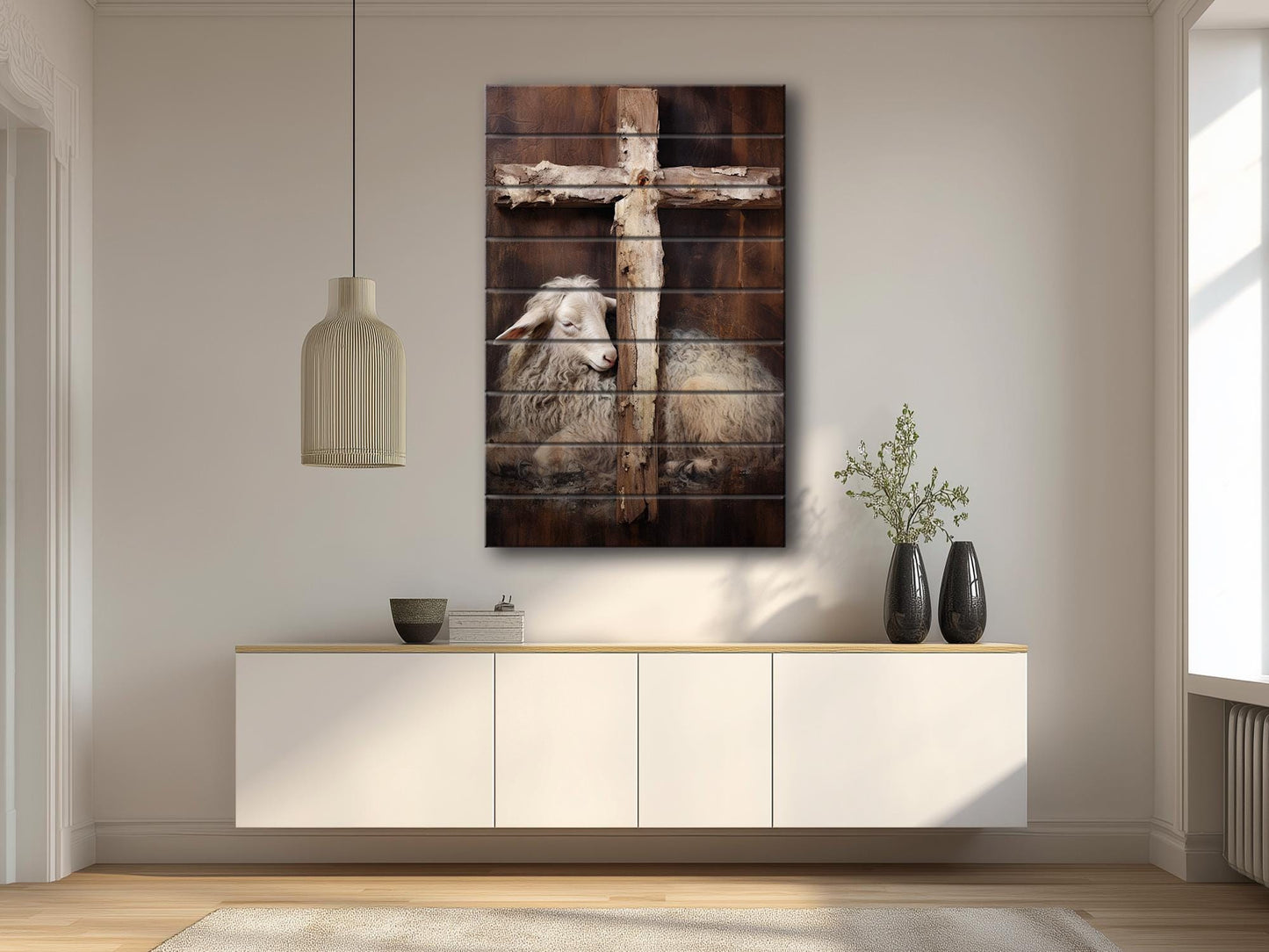 Religious Wall Art - Lamb And Cross Print | Natural Wood Decor - UV Printed Wood