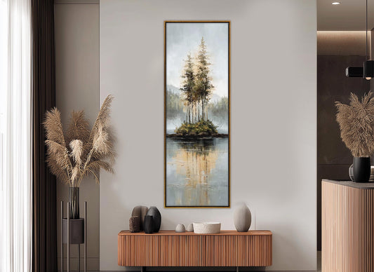 Rustic Island Canvas - Tonal Landscape Art With Misty Forest & Calm Water Reflections