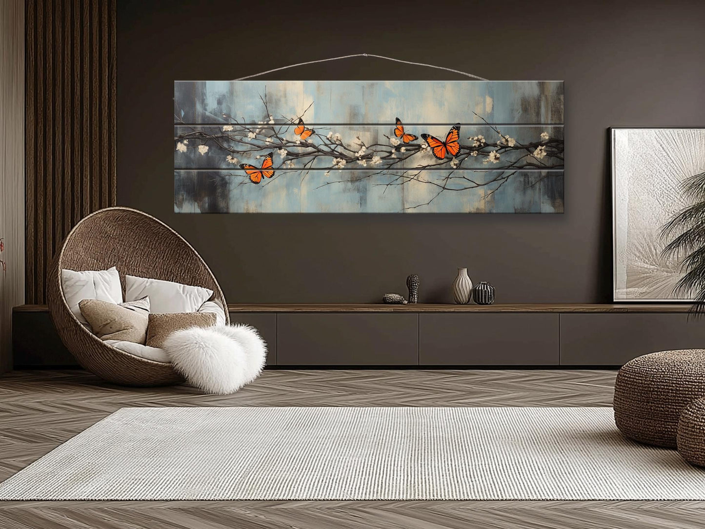 Butterflies on Blossoming Branch Print on Natural Wood – Rustic Nature Wall Art