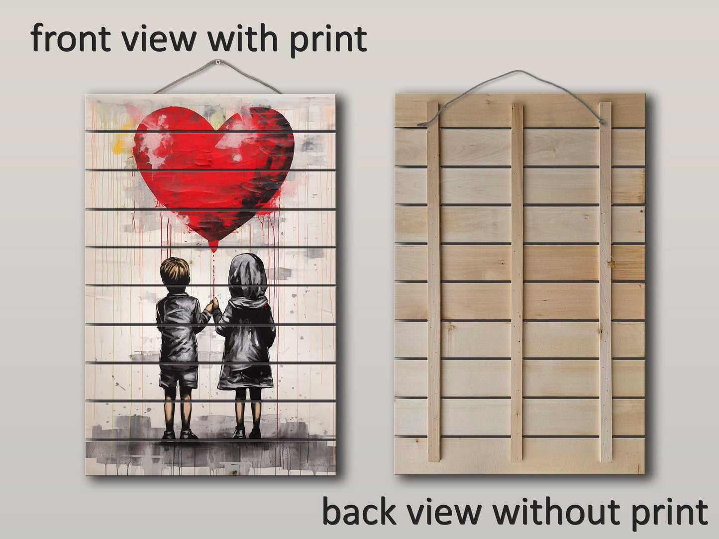 Wood Wall Art – Girl And Boy Balloon Graffiti Wood Print | Banksy Style Urban Decor