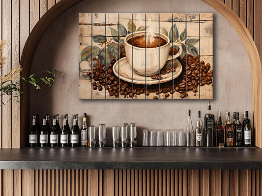 Vintage Coffee Wall Art – Rustic Kitchen Decor | Coffee Cup Painting on Wood