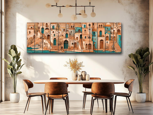 Mediterranean Wood Art - Rustic Coastal Wall Decor | Harbor Panorama Print