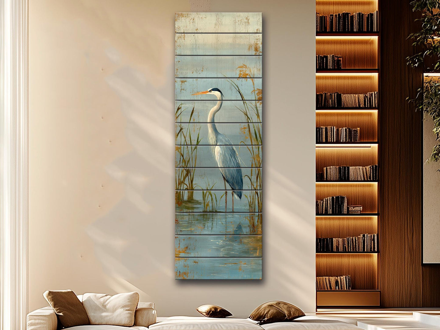 Wood Wall Art – Graceful Heron Print on Natural Wood Planks | Rustic Cabin Decor
