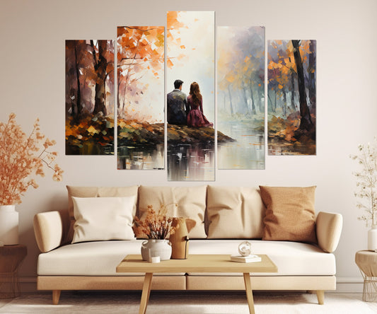 Autumn Forest Wall Art - Romantic Canvas Print With Couple Love Artwork, Ready to Hang