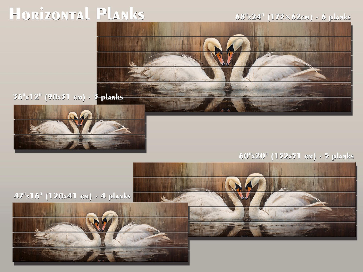 Rustic Swans Couple Forming a Heart Print on Natural Wood, Romantic Wall Art, Rustic Swans Painting, Swans Wall Art, Wood Wall Art