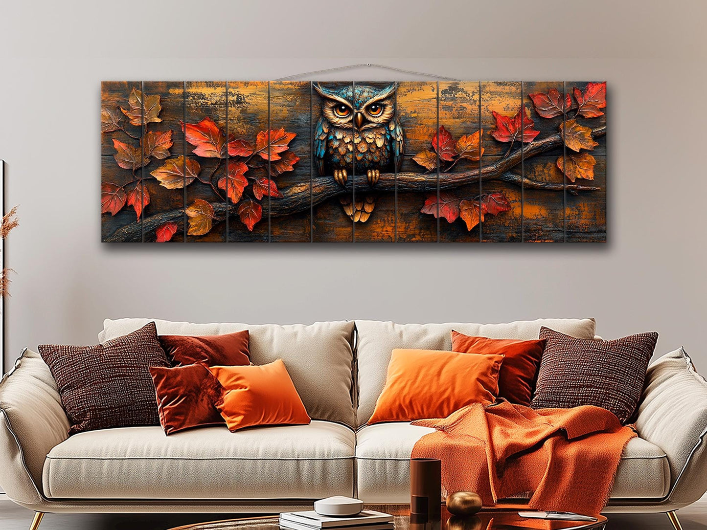 Owl Wood Wall Art – Rustic Autumn Wood Plank Painting with Glowing Fall Leaves