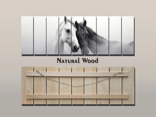 Wooden Wall Art – Black and White Horses Couple Print on Natural Wood Planks