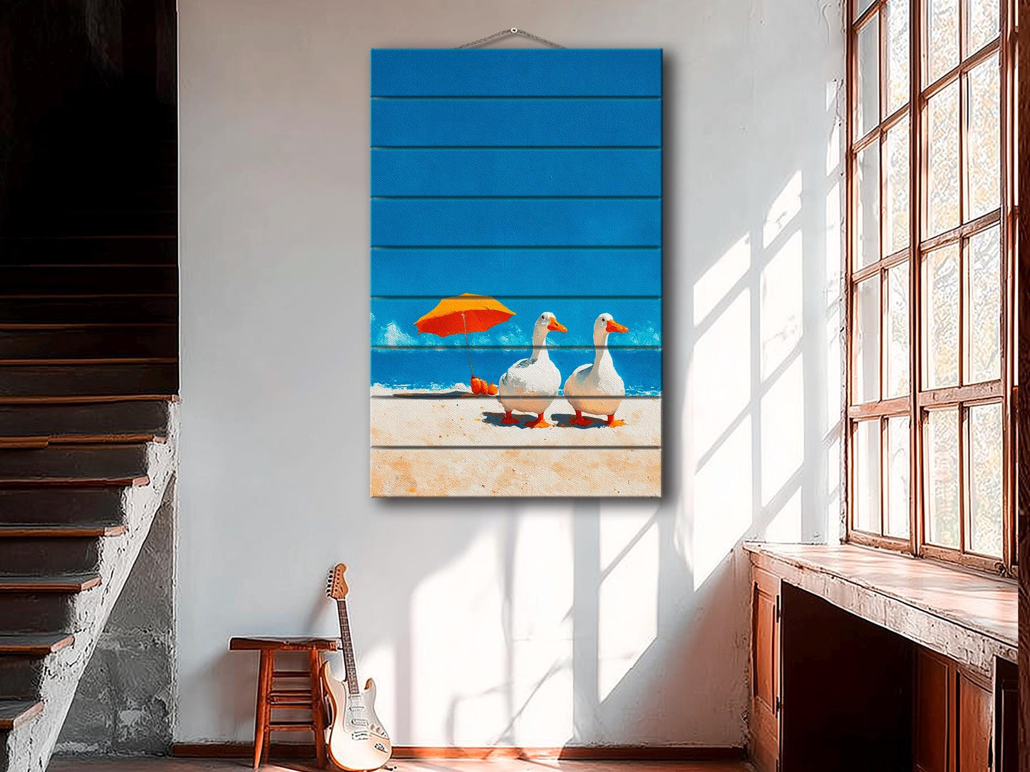Wood Wall Art – Two Geese Sunbathing | Minimalist Farmhouse Wall Decor on Wood Planks