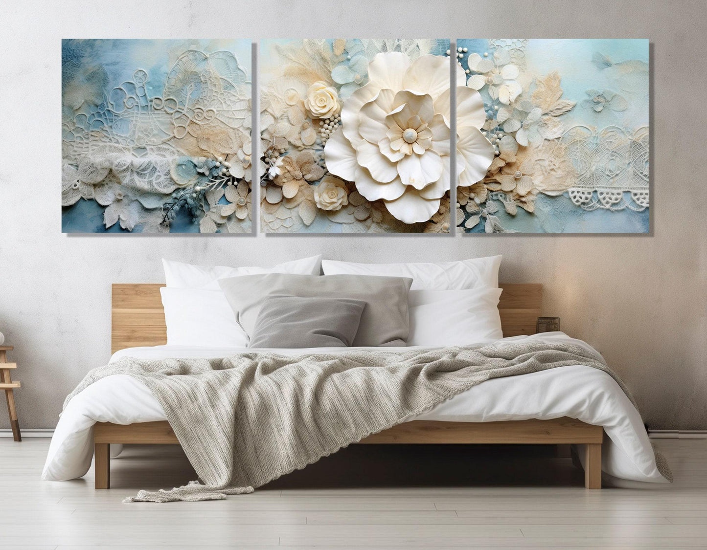 Floral Canvas Print – Soft Tones Blue Damask Embroidered Doily Art, Framed & Ready to Hang