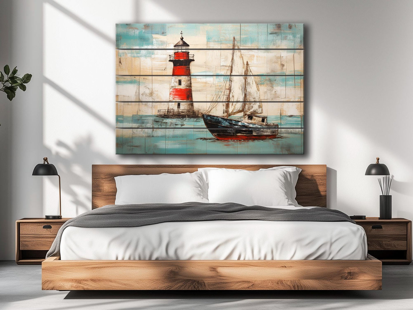 Nautical Wall Art – Coastal Wooden Wall Decor with Lighthouse Print & Sailboat Artwork