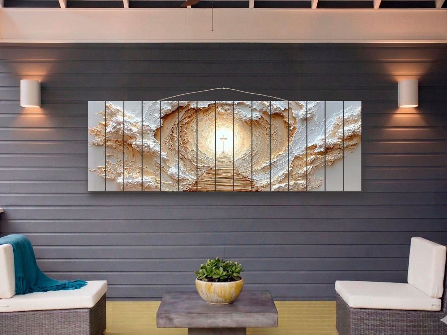 Path to Glowing Cross Print on Natural Wood, Christian Wall Art