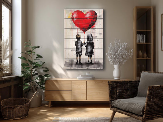 Wood Wall Art – Girl And Boy Balloon Graffiti Wood Print | Banksy Style Urban Decor