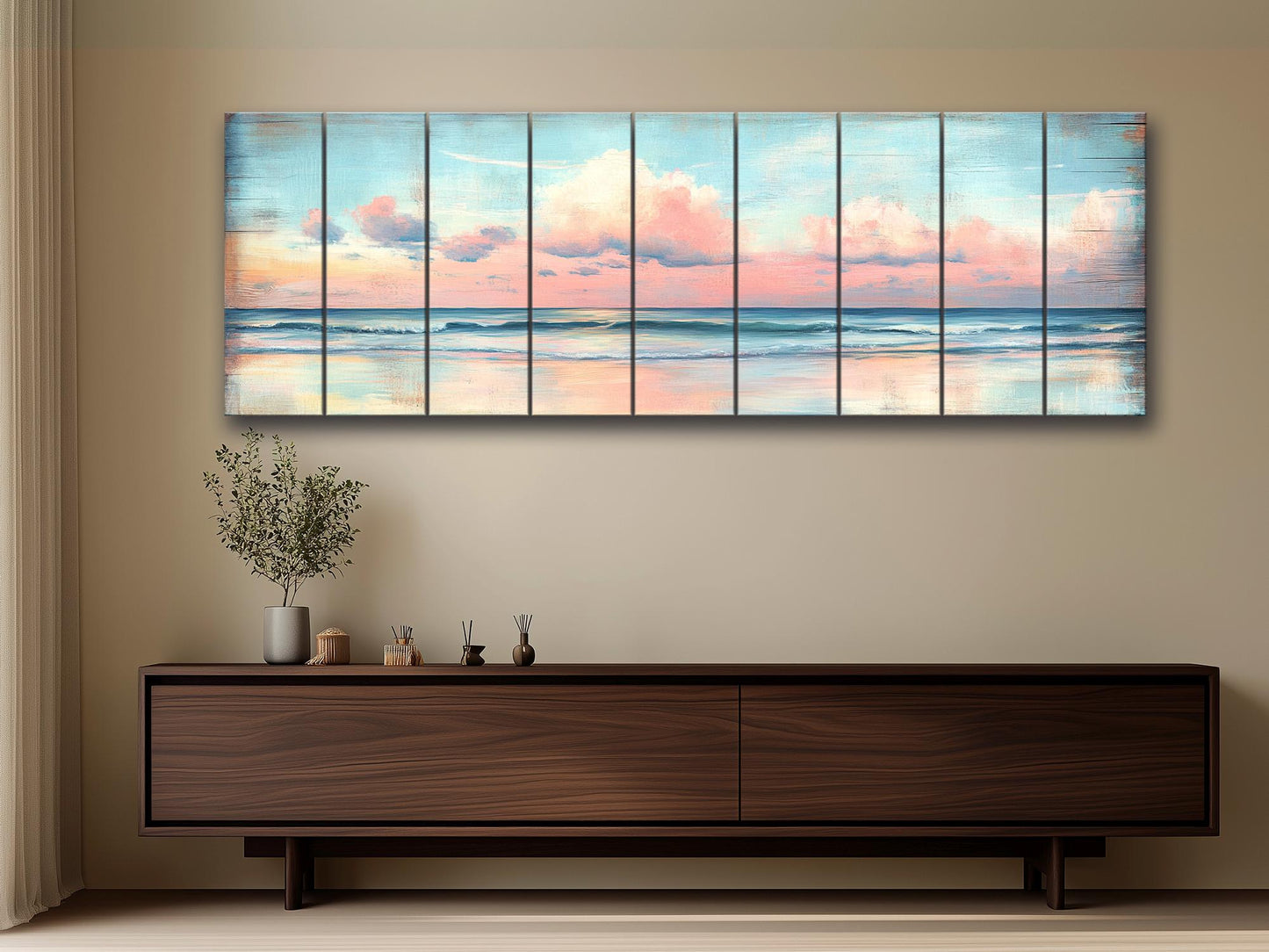 Wood Wall Art – Dreamy Pastel Skyline with Cotton Candy Clouds over Ocean Print on Natural Wood, Rustic Sea Beach Painting, Soft Tones Art