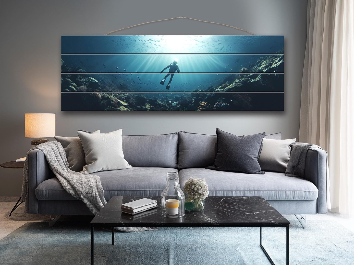 Ocean Wall Art – Natural Wood Print | Diving Art Print on Rustic Wood Planks