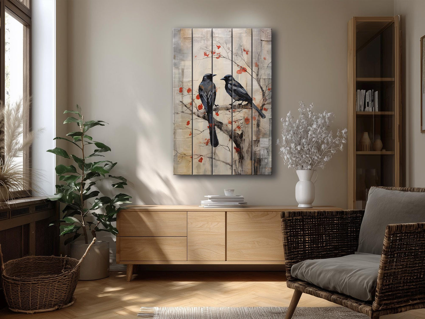 Vintage Crow Art Print – Rustic Wildlife Wall Art On Natural Wood Planks
