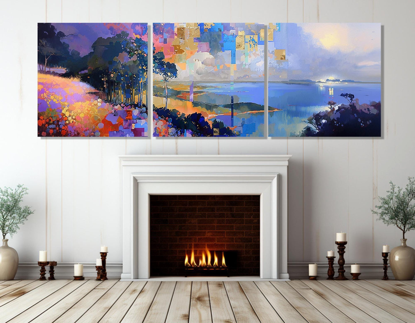 Large Abstract Nature Painting Canvas Print - Cubism Impressionist Wall Art, Framed