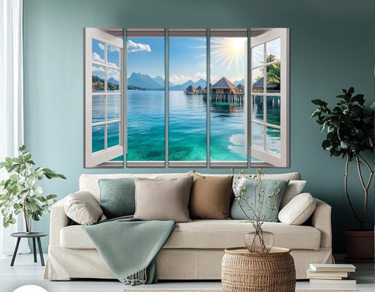 Maldives Canvas Print – Open Window View with Maldives Bungalows | Ready to Hang Framed Art