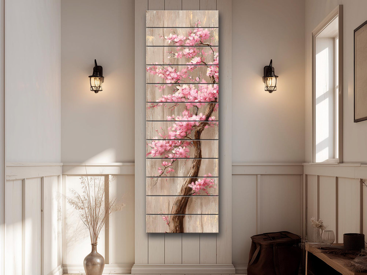Cherry Blossom Tree with Cascading Pink Flowers Print on Natural Wood, Floral Wall Decor, Rustic Sakura Tree Painting, Floral Wall Art