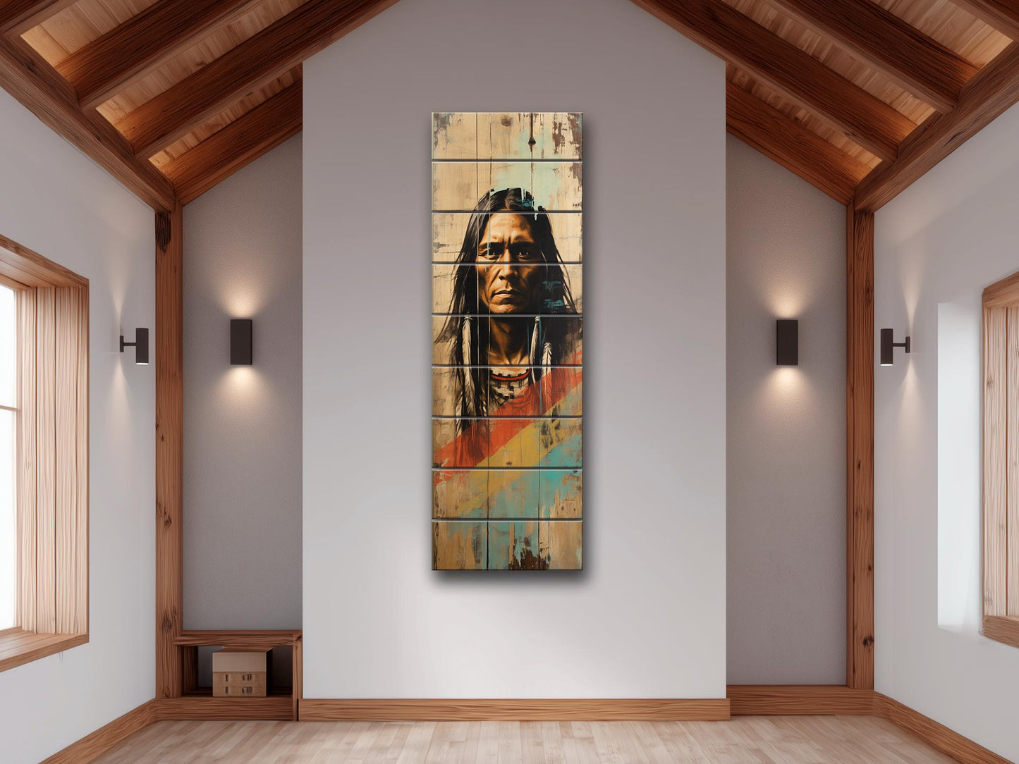 Native American Art Print – Tribal Wall Decor on Natural Wood Plank