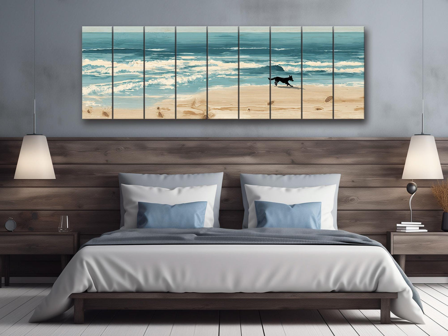 Coastal Wall Art – Dog Running on Beach Wood Print | Rustic Natural Decor
