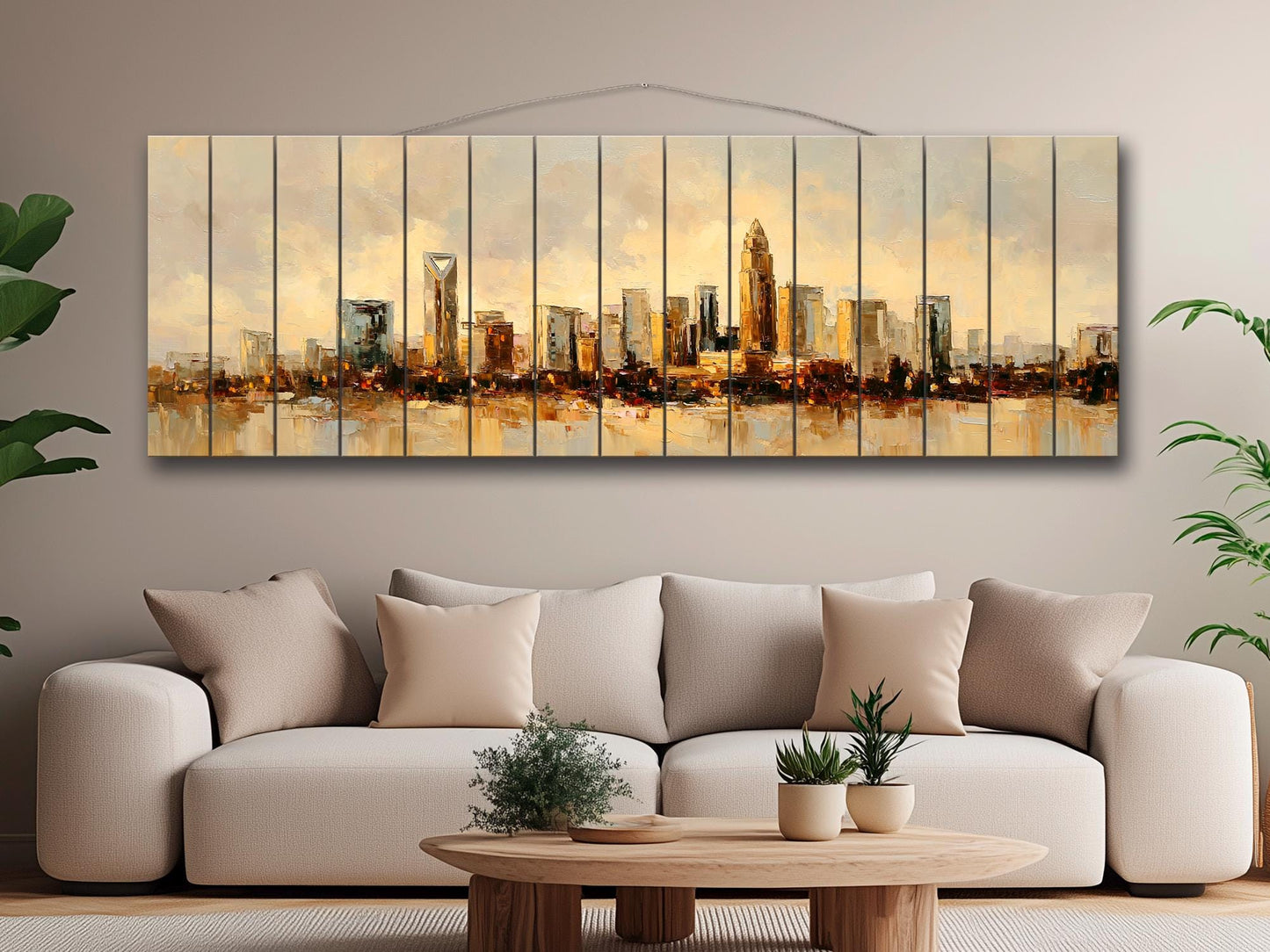 Charlotte Skyline Wood Print – Rustic Wall Art | Beige Cream Painting on Distressed Wood
