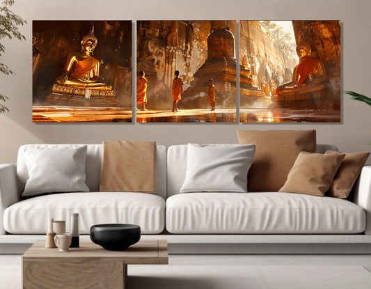 Buddhist Temple Canvas Print – Children Monks Wall Art with Floating Frame, Ready to Hang