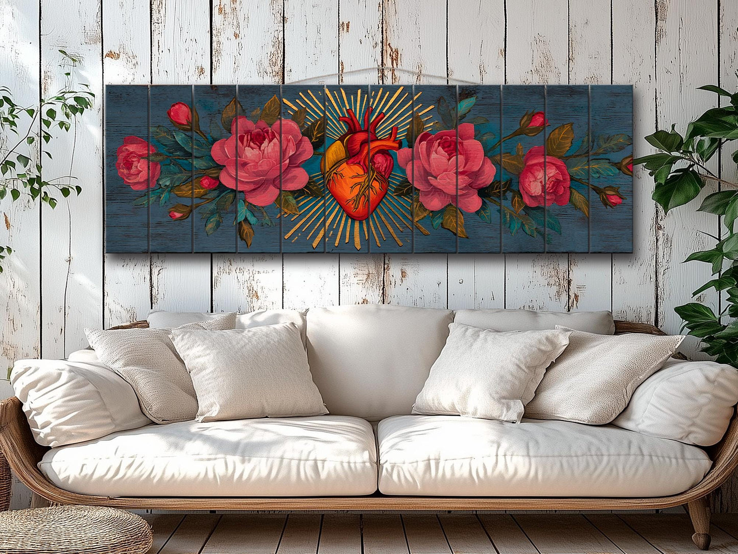 Sacred Heart Wall Art – Handcrafted Wood Wall Decor | Blooming Roses Print