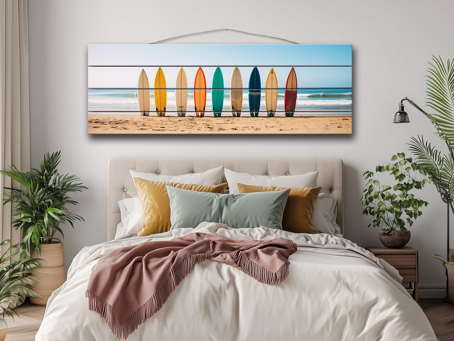 A Row Of Surfboards Print On Natural Wood
