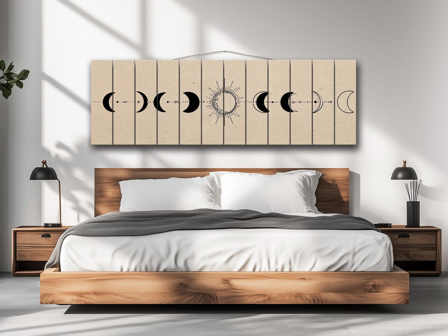 Moon Phases Print on Wood, Minimalist Lunar Cycle Painting, Rustic Wall Decor, Boho Wall Art
